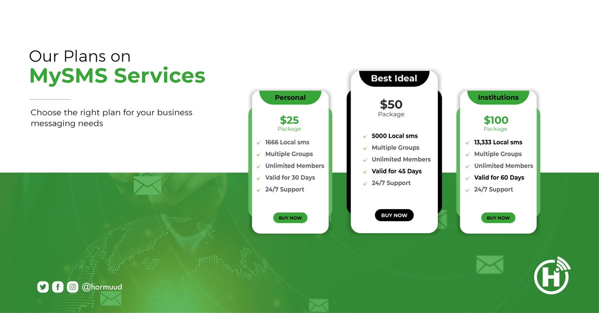 Hormuud's tweet photo. With ๐ ๐ ๐ฆ๐ ๐ฆ service, you can reach 1,666 people at once for just $ 25 or 5,000 persons for just $ 50. Want to reach even more people? With a $100 package, reach 13,333 individuals. Connect with thousands in seconds with MySMS.
For more ,Visit https://t.co/vAq0YNL22bย
#MySMS https://t.co/5Z68A7kPAB
