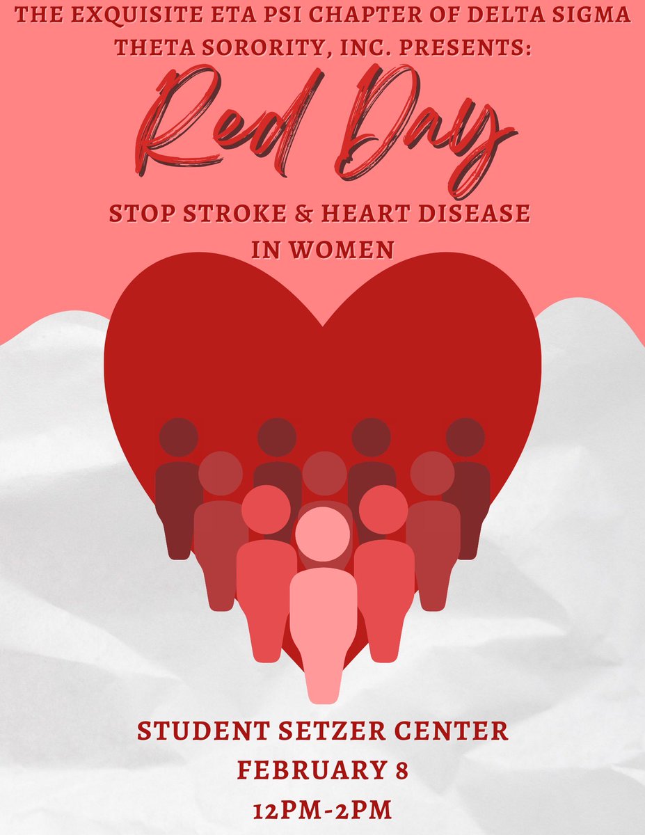 LamarRedz's tweet photo. Heart disease is one of the leading causes of death for women in the U.S. 
In honor of American Heart Month, we are spreading awareness and going Red for Women. Stop by our table February 8th, between 12-2pm in the Setzer Student Center to get tips and a red ribbon. ❤️ https://t.co/uX5wlqINgD