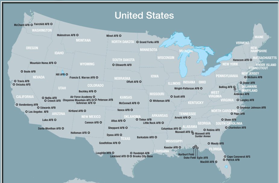 Ok, let's review. CCP balloon has flown over Idaho, Montana, SD, Ne. Mo. Tn, & now approaching the Carolinas. Here's a map of all the USAF bases in the lower USA 48.  #LyinBiden #BejingBiden #FoxNews @hodgetwins @ChuckGrassley @SenJoniErnst @KimReynoldsIA @RepMMM @SpeakerMcCarthy