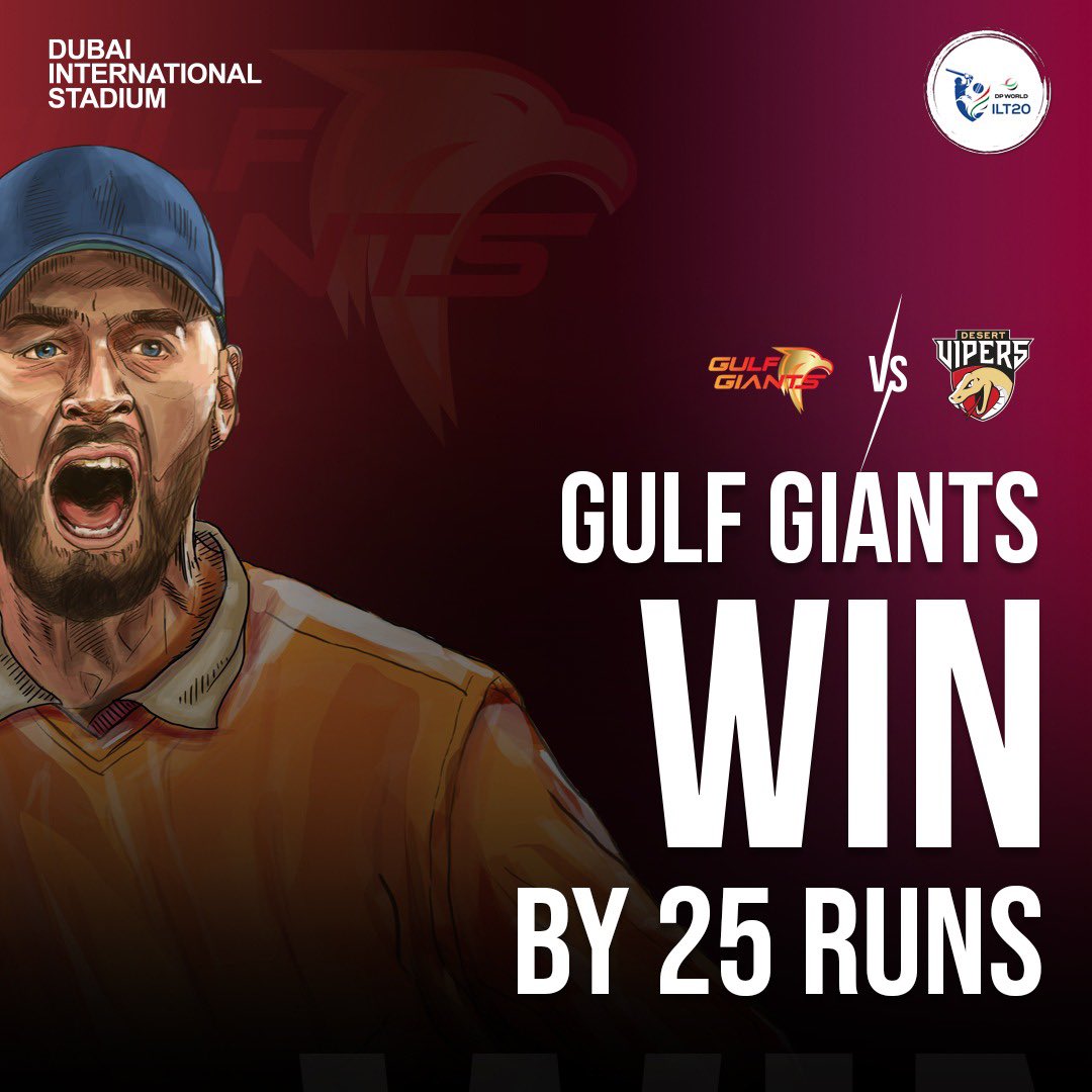Dubai International Stadium (@dubaistadium) on Twitter photo What A Performance!
The <a href="/GulfGiants/">Gulf Giants ๐ฆ
</a> have been on top of their game, defeating the <a href="/TheDesertVipers/">Desert Vipers</a> by 25 runs this evening!
Strong contenders going into the knockout stage of the tournament! ๐๐ผ
#DPWorldILT20 #RingOfFire #InternationalLeague #DubaiInternationalStadium What A Performance!
The <a href="/GulfGiants/">Gulf Giants ๐ฆ
</a> have been on top of their game, defeating the <a href="/TheDesertVipers/">Desert Vipers</a> by 25 runs this evening!
Strong contenders going into the knockout stage of the tournament! ๐๐ผ
#DPWorldILT20 #RingOfFire #InternationalLeague #DubaiInternationalStadium