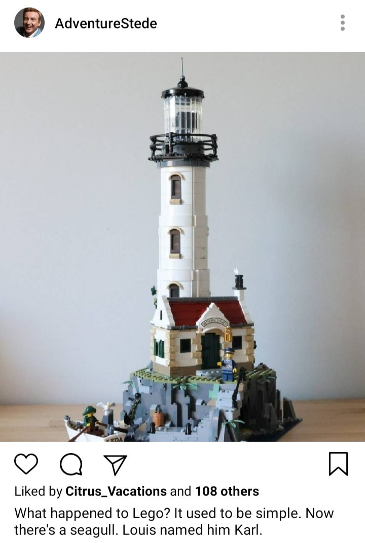 Stede's IG. Photo of lighthouse Lego set. Caption reads "What happened to Lego? It used to be simple. Now there's a seagull. Louis named him Karl. 