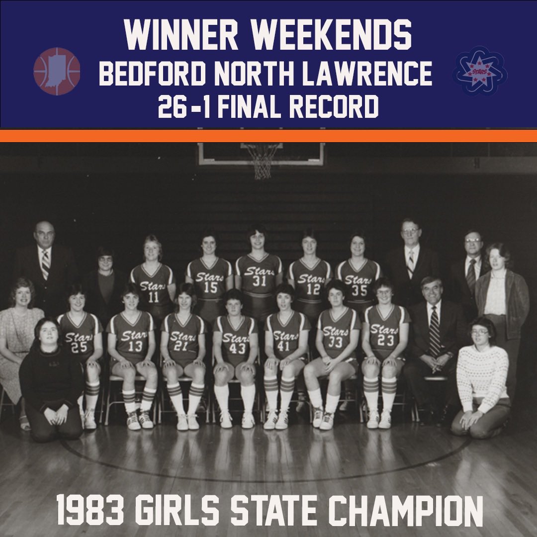 HoopsHall's tweet photo. The First #WinnerWeekend
Led by Tina Boruff and Kelly Fitzgerald the 1983 Bedford North Lawrence Stars dominated Indiana HS Girl’s basketball. Finishing the ‘82-‘83 season with a 26-1 record and winning the State Championship in front of a then record crowd of 13,704 people. https://t.co/otu5xlNwmg