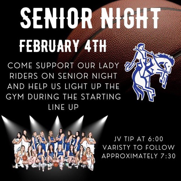 allinWR's tweet photo. 🏀GAMEDAY🏀 ⚠️Tonight is SENIOR NIGHT⚠️ @ HOME vs New London ❌ JV starts at 6 &amp; Senior introductions should start around 7 ❕ Come out and support the lady riders and their 7 seniors in your fav jersey❕ALL STUDENTS GET IN FREE❕💙🤍 https://t.co/S5h3PFJzHm