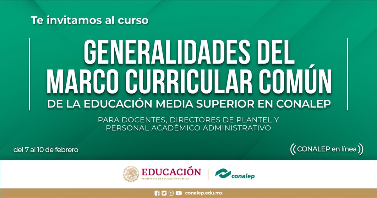 CONALEP_Mex's tweet photo. Participa en el Curso Intensivo en línea “Generalidades del Marco Curricular Común de la Educación Media Superior en CONALEP”, enfocado a docentes, personal administrativo académico y directores de plantel.📙

No olvides registrarte en el siguiente link: 
https://t.co/H8ESxKCjZI https://t.co/X1lGZArV6s