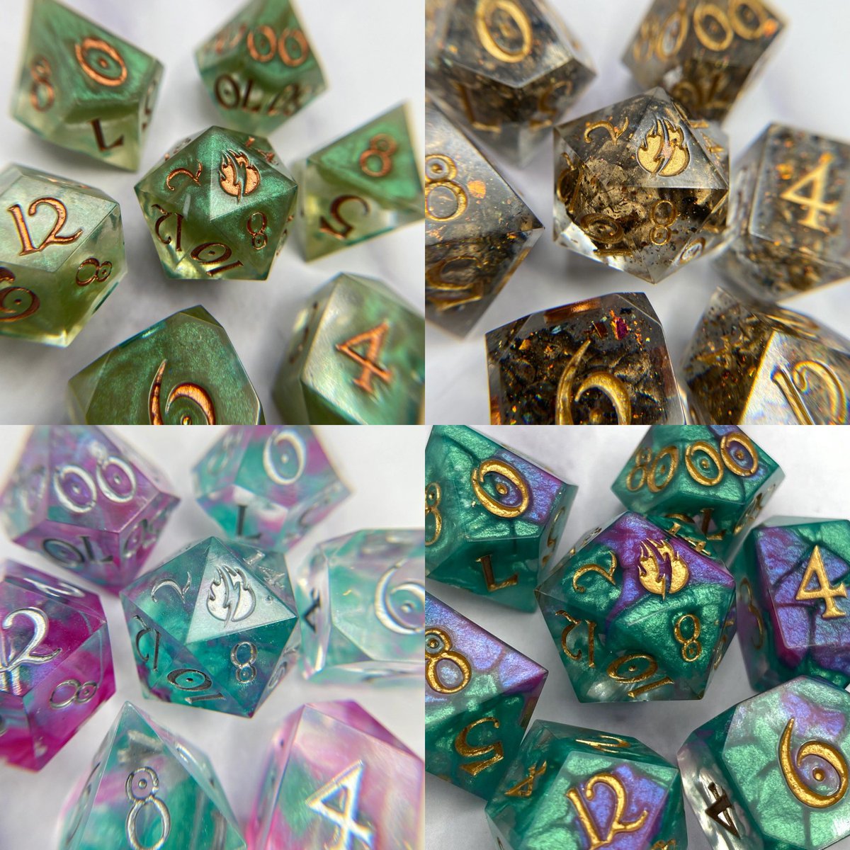 The shop is stocked and ready to drop! All of these dice will be available to purchase starting at 11am MDT today! The listings are already on the website if you wanted to get a more detailed look at any of the sets! FireboltDice.com 

#handmadedice #dicesale #resinart