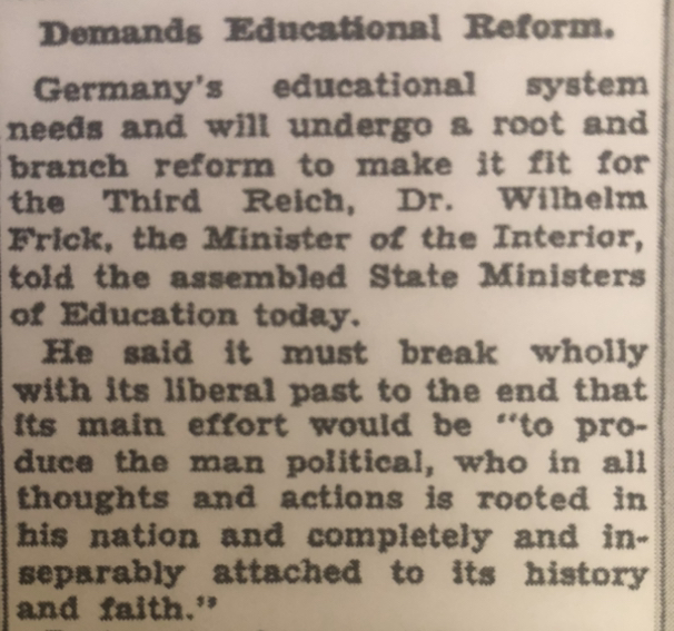 #education @MarkJacob16: 'I still can't get over that New York Times headline saying Ron DeSantis is "building his brand" by wrecking public education on Florida, and I went back to see how NYT covered the Nazi book burnings in 1933. This passage certai…