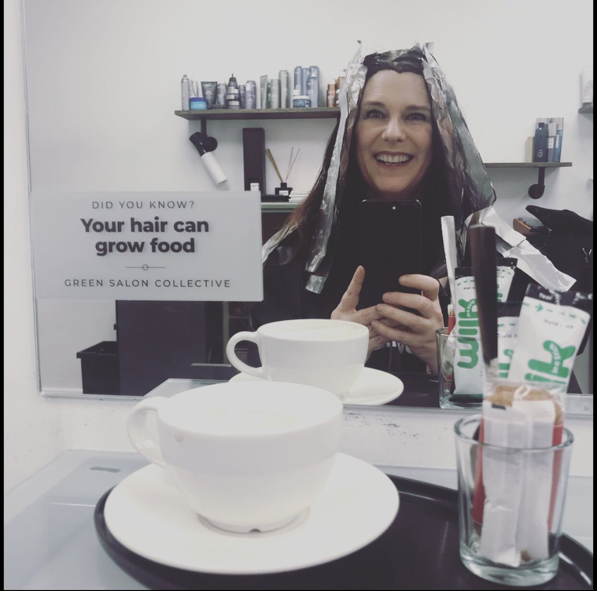 JaneFrankland's tweet image. Getting ready for my influencer gig next week. Binging on coffee &amp;amp; fashion mags (a favourite) whilst my colour sets! Happy my hairdresser supports the planet with its sustainability efforts. #greensaloncollective #Sustainability #techinfluencer😀