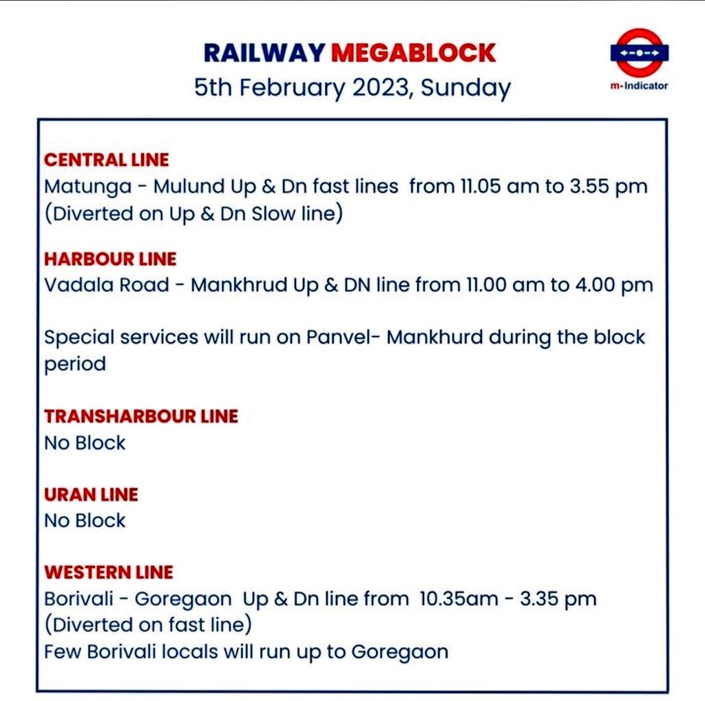 Sahil4RG's tweet image. मुंबई उपनगरीय मध्य, हार्बर आणि पश्चिम रेल्वे मार्गावर होणाऱ्या कामासाठी उद्या दिनांक 05-02-2023 रोजी मेगाब्लॉक जाहिर करण्यात आली आहे.

प्रवासांनी कृपया नोंद घ्यावी.
Source : #MIndicator #Mumbai @Central_Railway @mumbairailusers @AUThackeray @BhaiJagtap1 @Charanssapra @INCMumbai