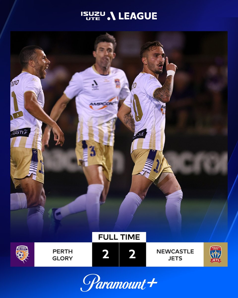 ParamountPlusAU's tweet image. FT | 2-2 🤩

An action packed game at Macedonia Park ends in a draw between @PerthGloryFC and @NewcastleJetsFC! Despite the end-to-end action and some super goals neither side can edge it after 90 minutes 

#PERvNEW live on Paramount+