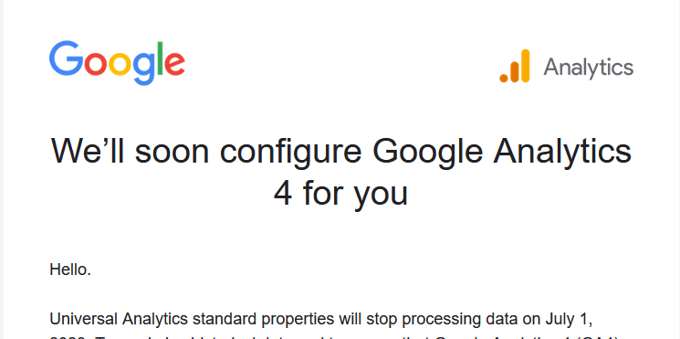 Novità da Google Analytics! Se al 1° Luglio 2023 non avrete (ancora 😑 ) creato e configurato una proprietà GA4 ci penserà Google a fare tutto in automatico. 
Dettagli qui ⬇️ 
zcu.io/wqiX 

#WebAnalytics #GoogleAnalytics #SEO #GA4