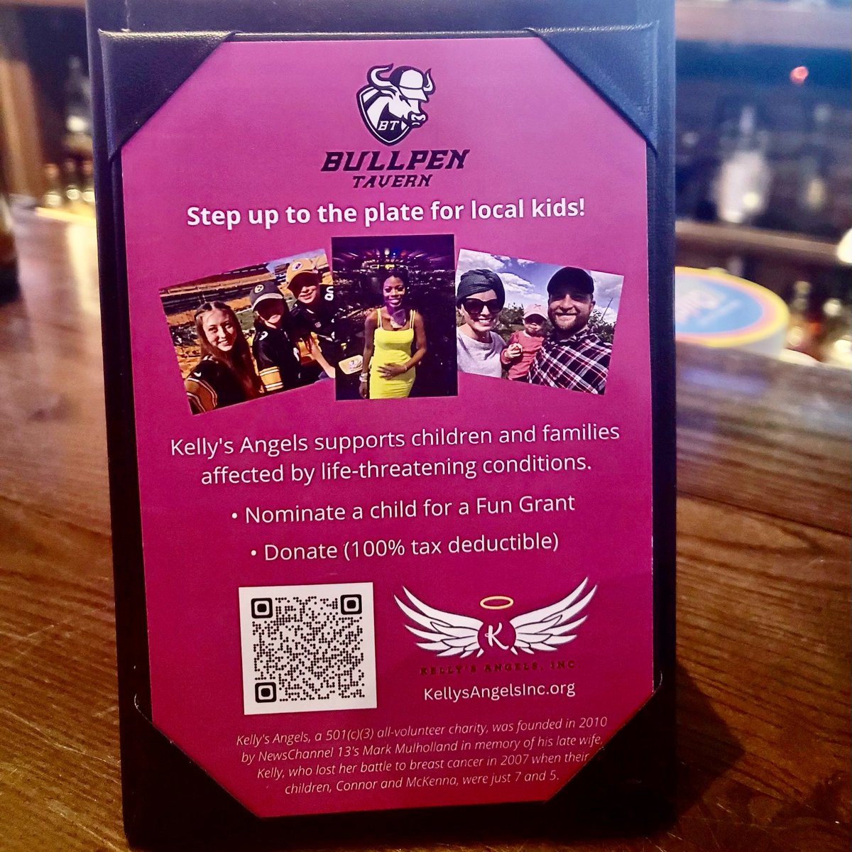 KellysAngelsInc's tweet photo. Thanks to the Bullpen Tavern in Glens Falls for helping to spread the word about #KellysAngels.  We appreciate the support!  Know a child in New York's Capital Region who is facing a life-threatening health battle? Nominate them for a Fun Grant. https://t.co/KWjvt2COM5 https://t.co/ApoBoIHLVK
