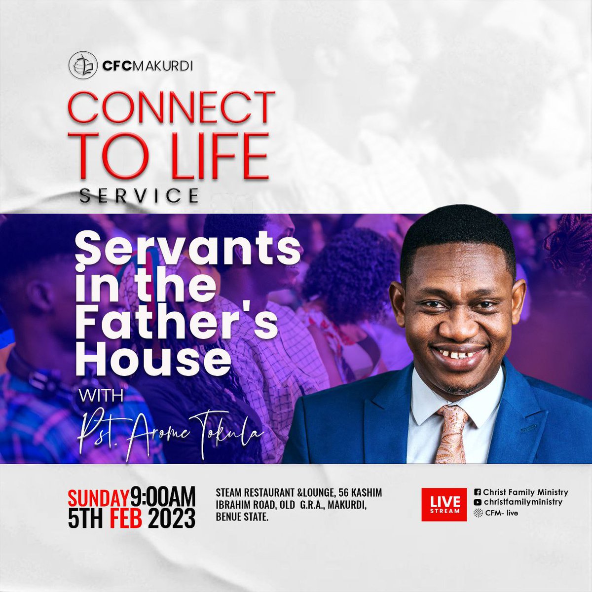 CFCMakurdi's tweet image. Be our guest tomorrow at 9 am WAT, as our Senior Pastor continues the sermon Managing Divine Moments and Opportunities.

Come with friends and family; you can also stream it online. 

We look forward to hosting you. 

#PastorAromeTokula
#ConnectToLife
#CFMinistry
#LoveIsKing