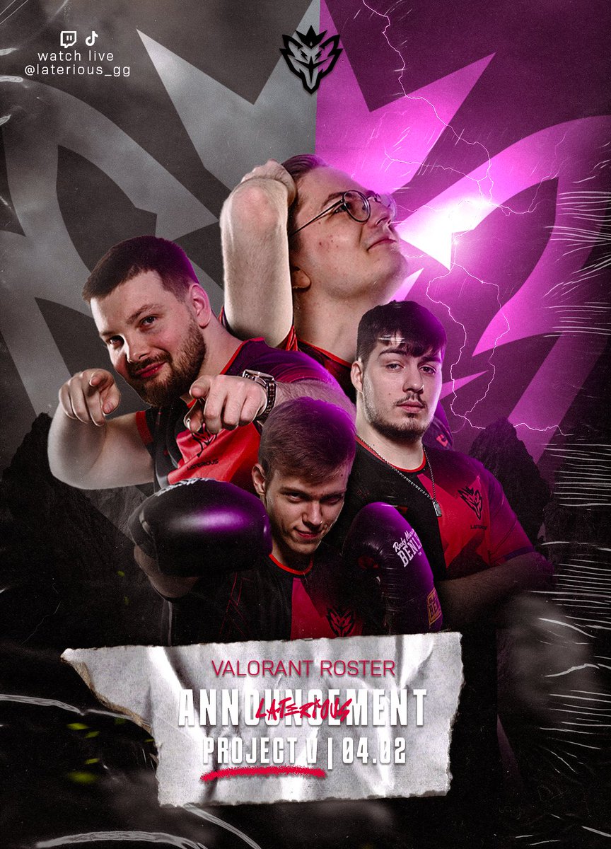 Clearing out the air…🌬️
Introducing the Laterious <a href="/playvalorant/">VALORANT</a> team.

🟪Welcome the Players &amp; Staff🟥
<a href="/belyaks1/">Belyaks</a>
<a href="/NitroVALORANT/">nitro</a>
<a href="/micheyval/">michey</a>
<a href="/W4ntedValorant/">Wanted</a>
📒
<a href="/_Aplox/">Dr Alex ‘Aplox’ Porter</a>
@canturkval
<a href="/bumb1e/">Bumb1e</a>

They will be starting their journey today in <a href="/projectvgg/">PROJECT V</a>  

#ElectoVince