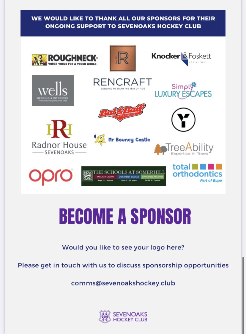 Final mention to all our other club sponsors - Roughneck, <a href="/KnockerFoskett/">Knocker & Foskett</a> Wells Bedding &amp; Interiors, <a href="/BatBallSports/">Bat & Ball Sports</a> <a href="/Y1Hockey/">Y1 Hockey</a> <a href="/simplyluxuryes1/">simplyluxuryescapes</a> <a href="/radnorsevenoaks/">Radnor House Sevenoaks</a> <a href="/mrbouncycastle/">Mr Bouncy Castle</a> <a href="/SomerhillKent/">Somerhill</a> <a href="/TreeAbility/">TreeAbility</a> <a href="/OPROMouthguards/">OPRO</a> and Total Orthodontics Sevenoaks