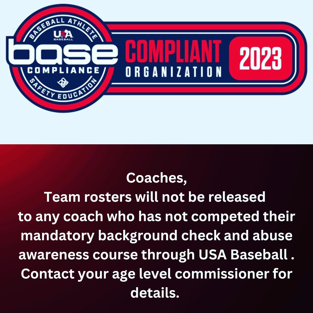 All recreational baseball/softball, Storm Baseball/ Softball coaches are required to complete background checks and abuse awareness training before having access to rosters. Contact your age level commissioner for more information. #youthsafety #usabaseball #baseball #softball