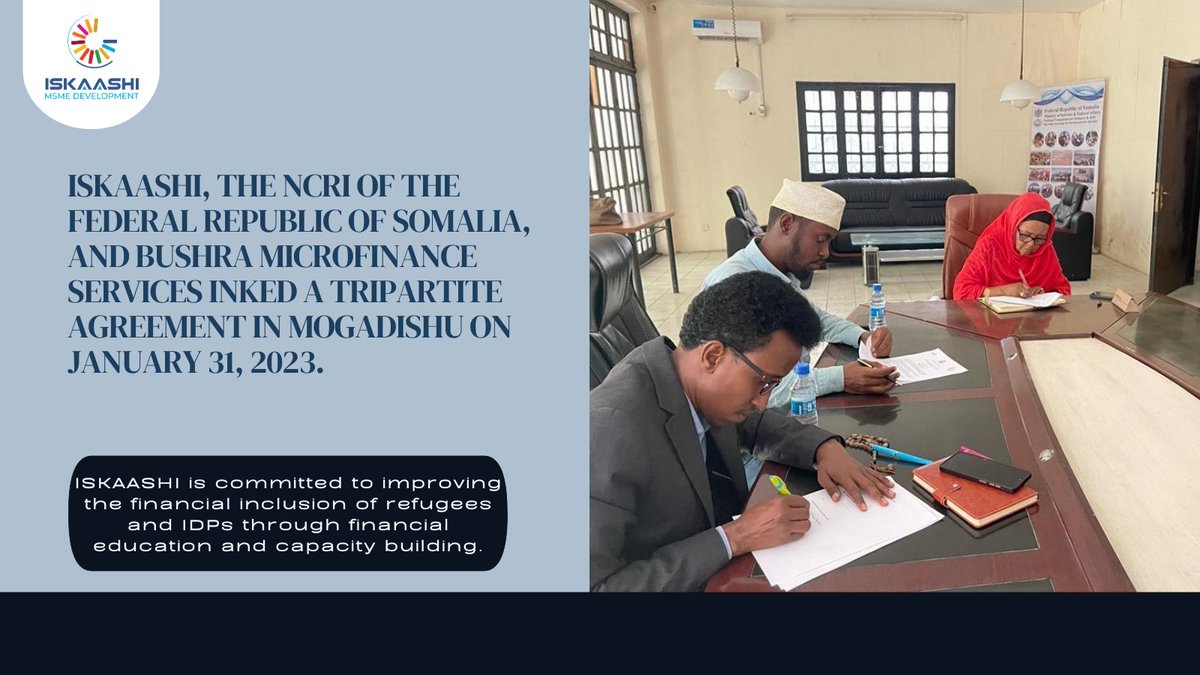 ISKAASHIMSME's tweet photo. #ISKAASHI is pleased to announce the signing of MoU  with @NCRIsom &amp; @bushra_info. This collaboration aims to explore &amp; enable mutual opportunities for cooperation in order to better support refugees and internally displaced persons (IDPs) in #Somalia

@UNHCRSom https://t.co/jtdabVYM3X