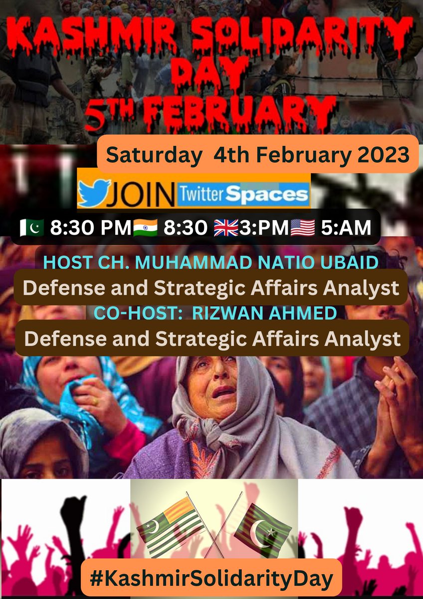 Muhamma48345182's tweet photo. https://t.co/IpI5dkwYaO

#kashmir #kashmirsolidarity #kashmirilivesmatter #india #humanrights #violation #rights

Please join us on Twitter Space 
Regarding *5th February Kashmir Solidarity Day

Date;  04-02-2023
Time: 08:30hrs  Tonight https://t.co/3vpWztulRK