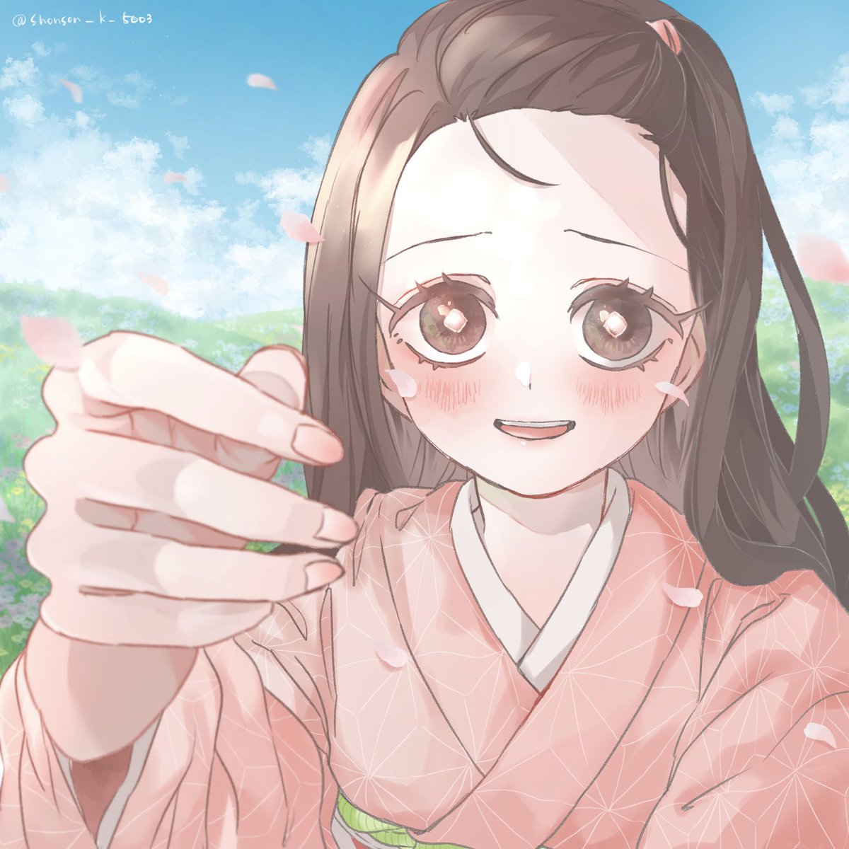 kamado nezuko 1girl pink kimono japanese clothes solo kimono long hair sky  illustration images