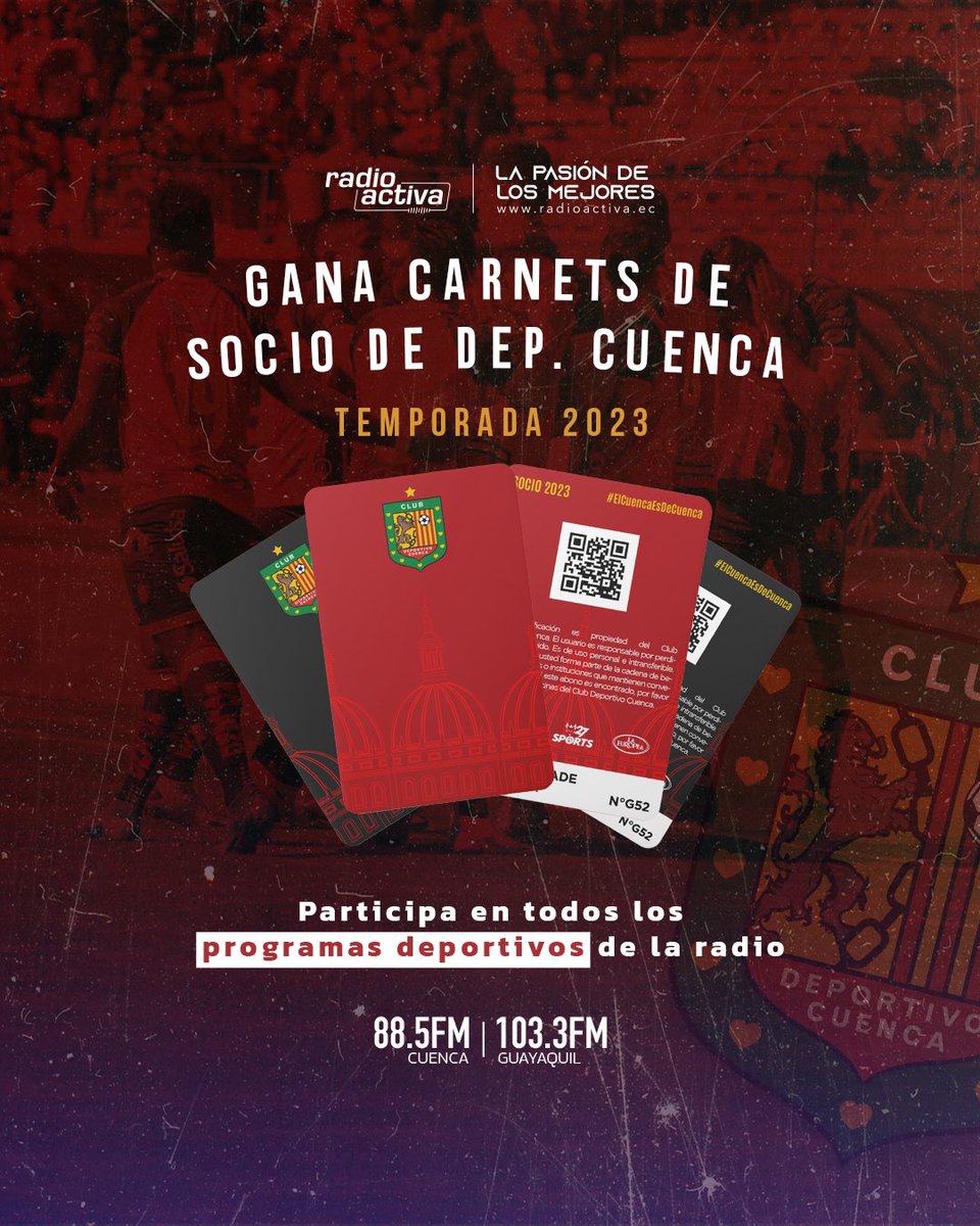 👀 ¡Regalamos 2 abonos a PALCO para la temporada 2023 en #Area88 del sábado! 🔋 

Sintonizamos ahora y entérate cómo participar. 🎟🎟 Sorteamos los abonos antes de las 10:00.

📻 88.5FM CUE | 103.3FM GYE
🌍 radioactiva.ec
📱 0987175788