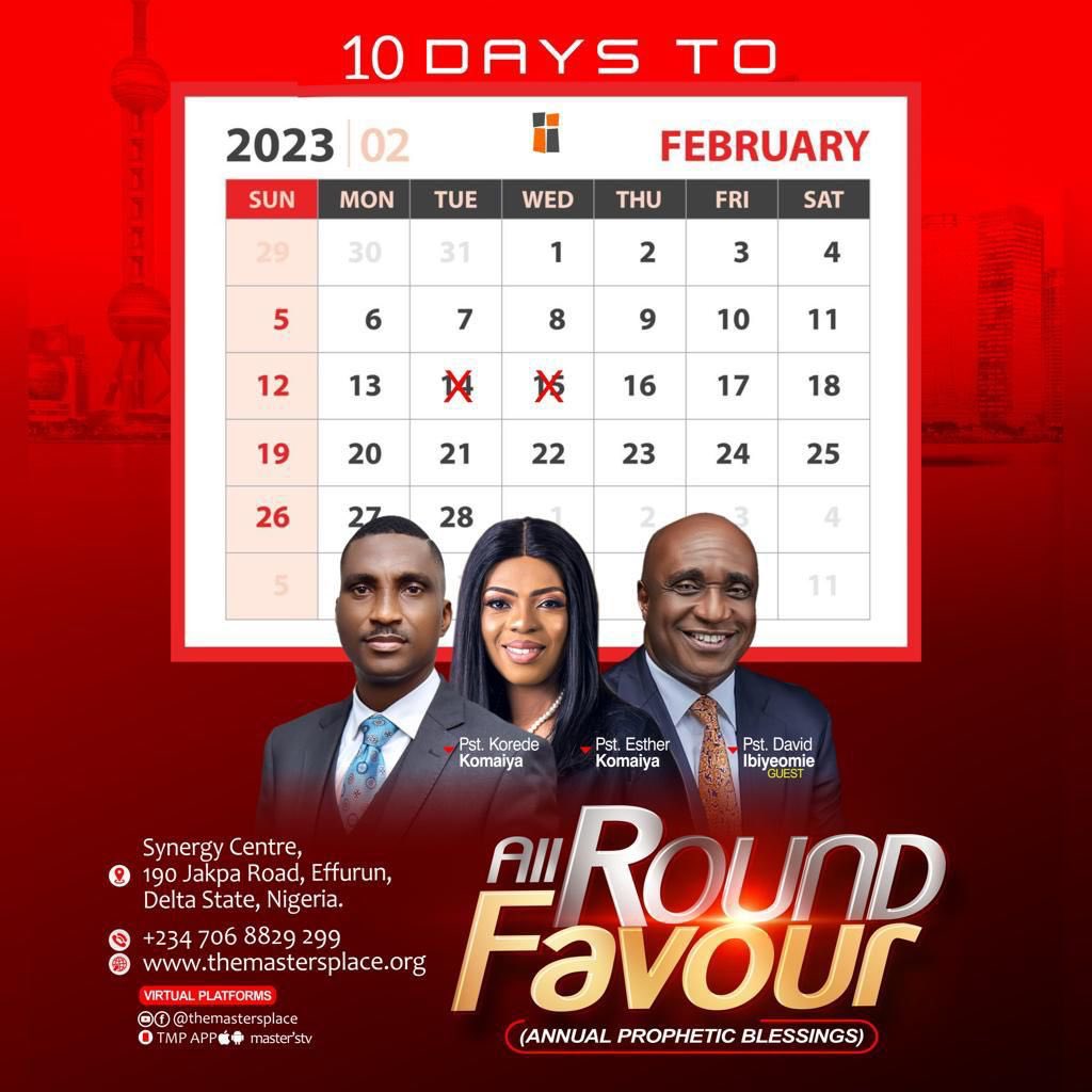 mastersplace's tweet photo. 10 Days To Go! 

Join us on Tuesday, February 14th and Wednesday, February 15th, 2023 by 4pm daily and the syndicate session on Wednesday 15th by
8am for all Founders, General Overseers, Pastors, and Business and Career persons.

Everything will change for the better!
#Tmp https://t.co/zkhijaykvy