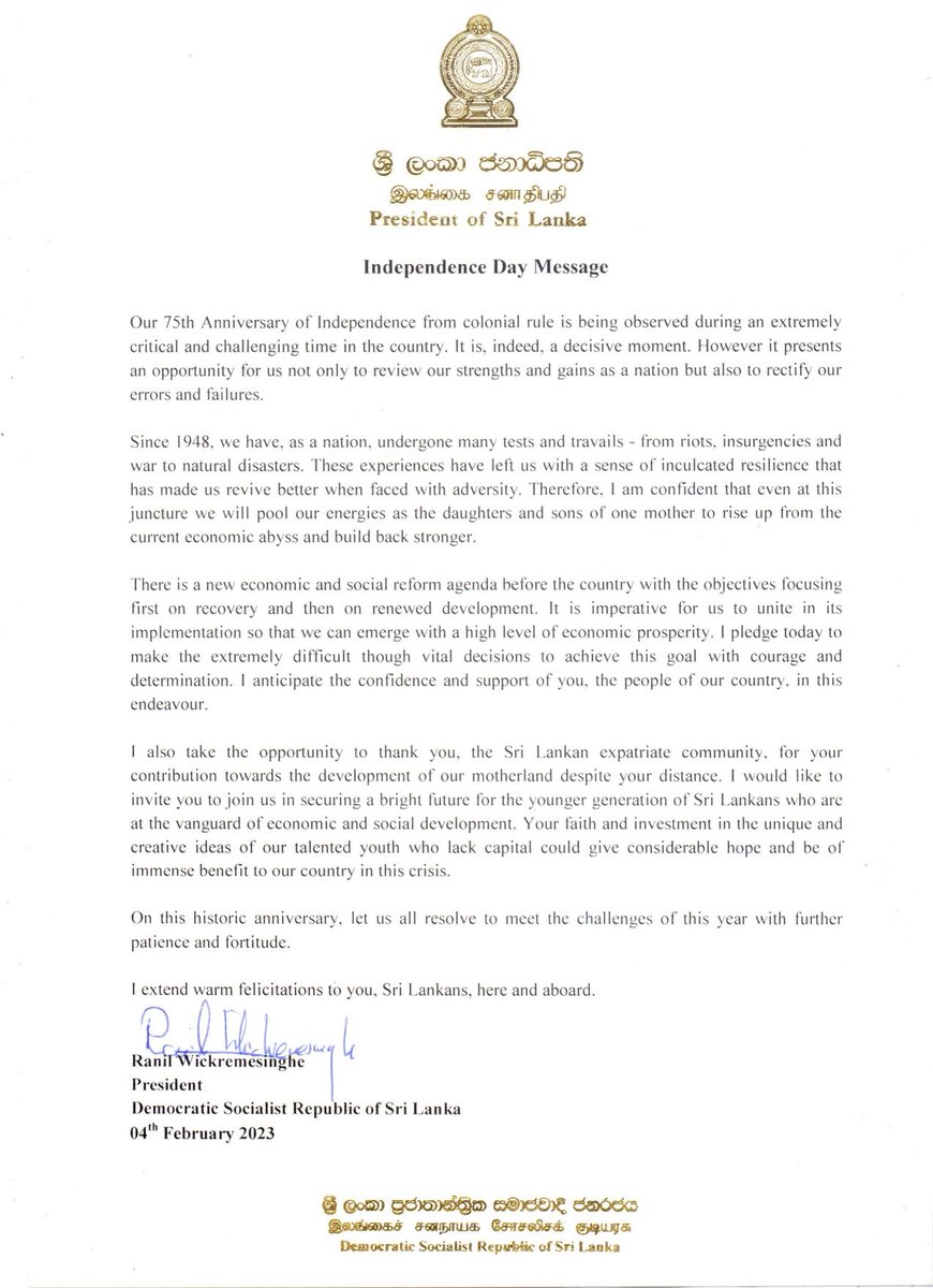 slembankara's tweet photo. Message of H.E. the President of Sri Lanka, on the occassion of the 75th Anniversary of Independence Day of Sri Lanka  #lk75 🇱🇰 https://t.co/lqRkDPzUza