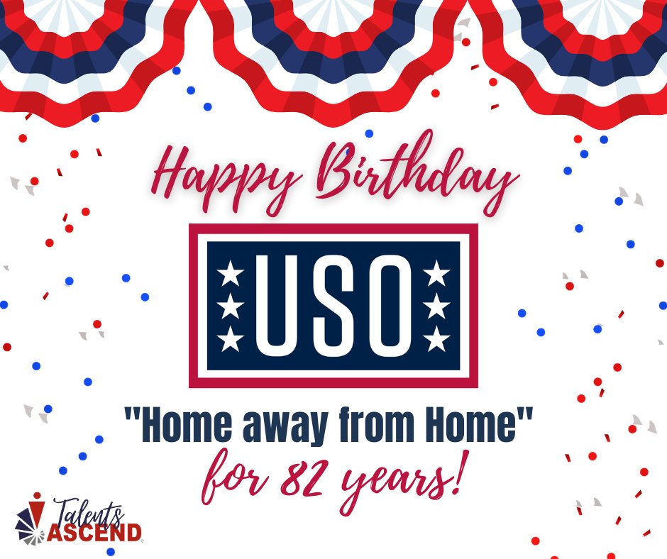 Happy Birthday to the USO!
Thank you for 82 years of boosting morale & caring for for military members & their families!

#USO #military #veterans #USOmoments #usa #army #navy #airforce #usmc #joiningforces #usotransitions #militaryspouse #militaryfamily #birthday #happybirthday