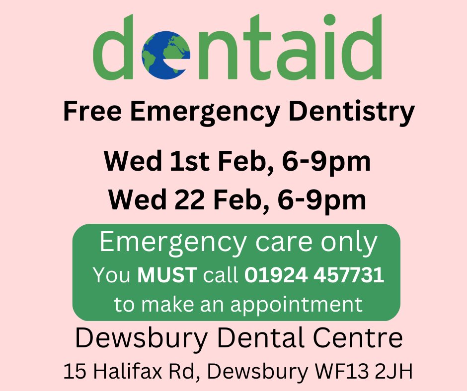 FREE Emergency Dentistry Wed 1st Feb, 6-9pm Wed 22 Feb, 6-9pm You MUST call to make an appointment.