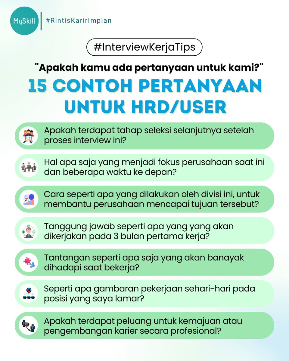 myskill_id's tweet photo. 🤩 CONTOH PERTANYAAN UNTUK HRD/USER SAAT INTERVIEW KERJA 🤩

Saat wawancara kerja, kita pasti bakal dikasih kesempatan nih buat nanya juga ke HRD/User. Kalau masih bingung mau nanya apa, coba cek ini dulu bestie https://t.co/KE6pEMgA5B