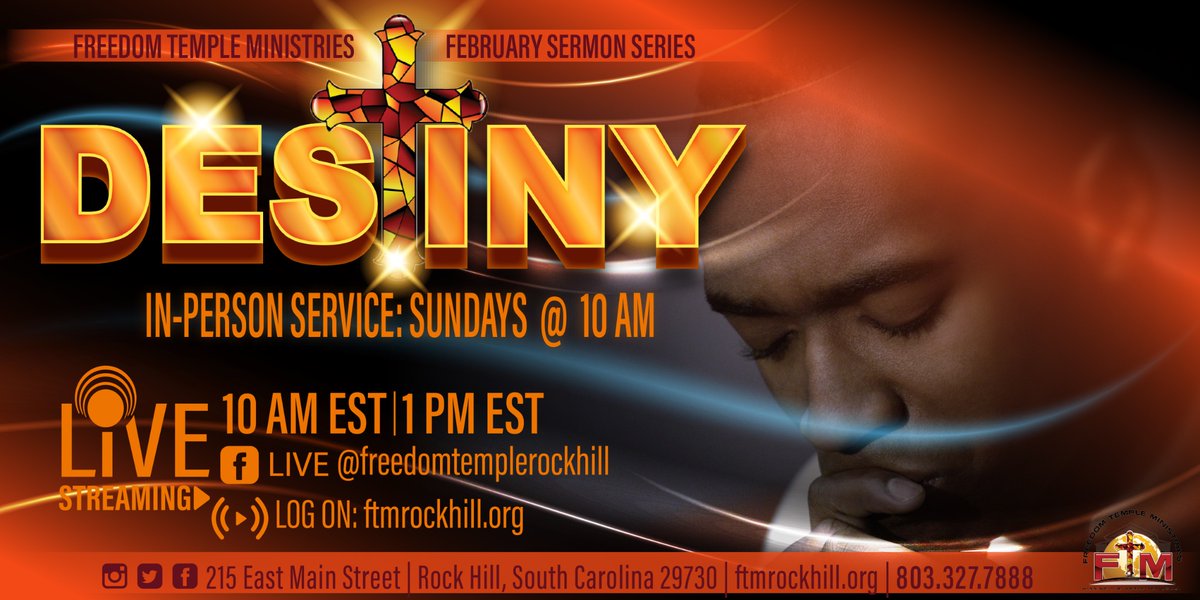 Worship with us this Sunday at 10 am as we begin February’s series “Destiny”. Connect with us in-person or online at ftmrockhill.org, Facebook Live, or YouTube! #ftmrockhill