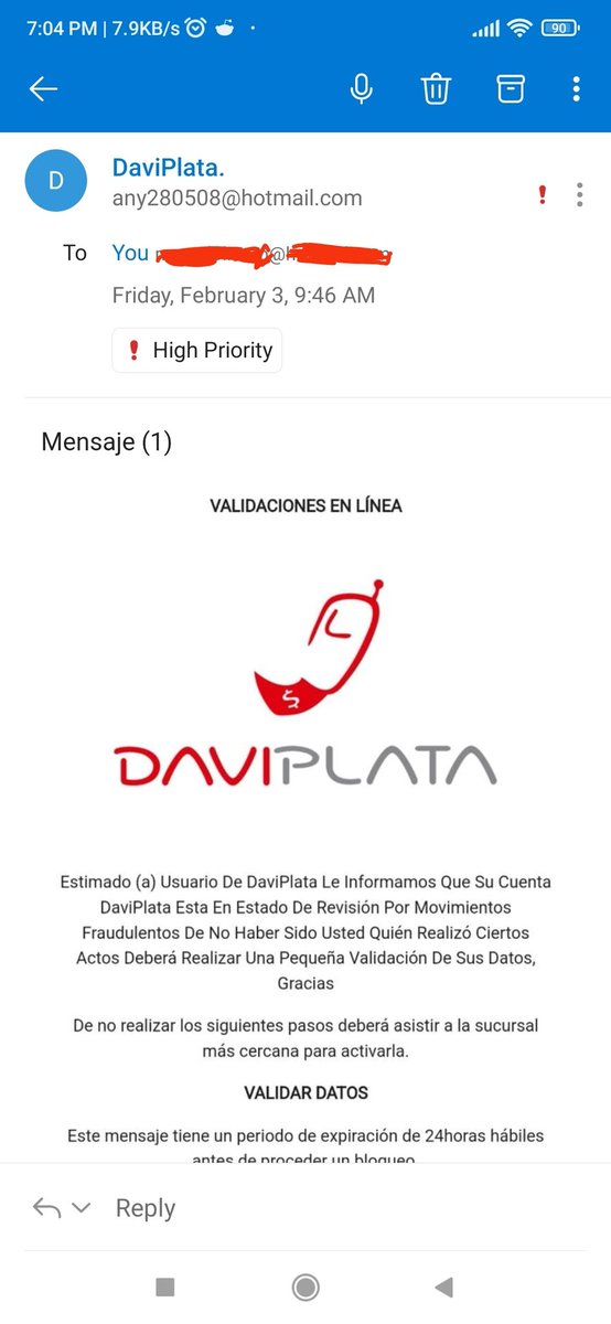 MarceloLinero's tweet photo. Alert! Pilas que hay otro phishing en DaviPlata. https://t.co/HcskANLwri