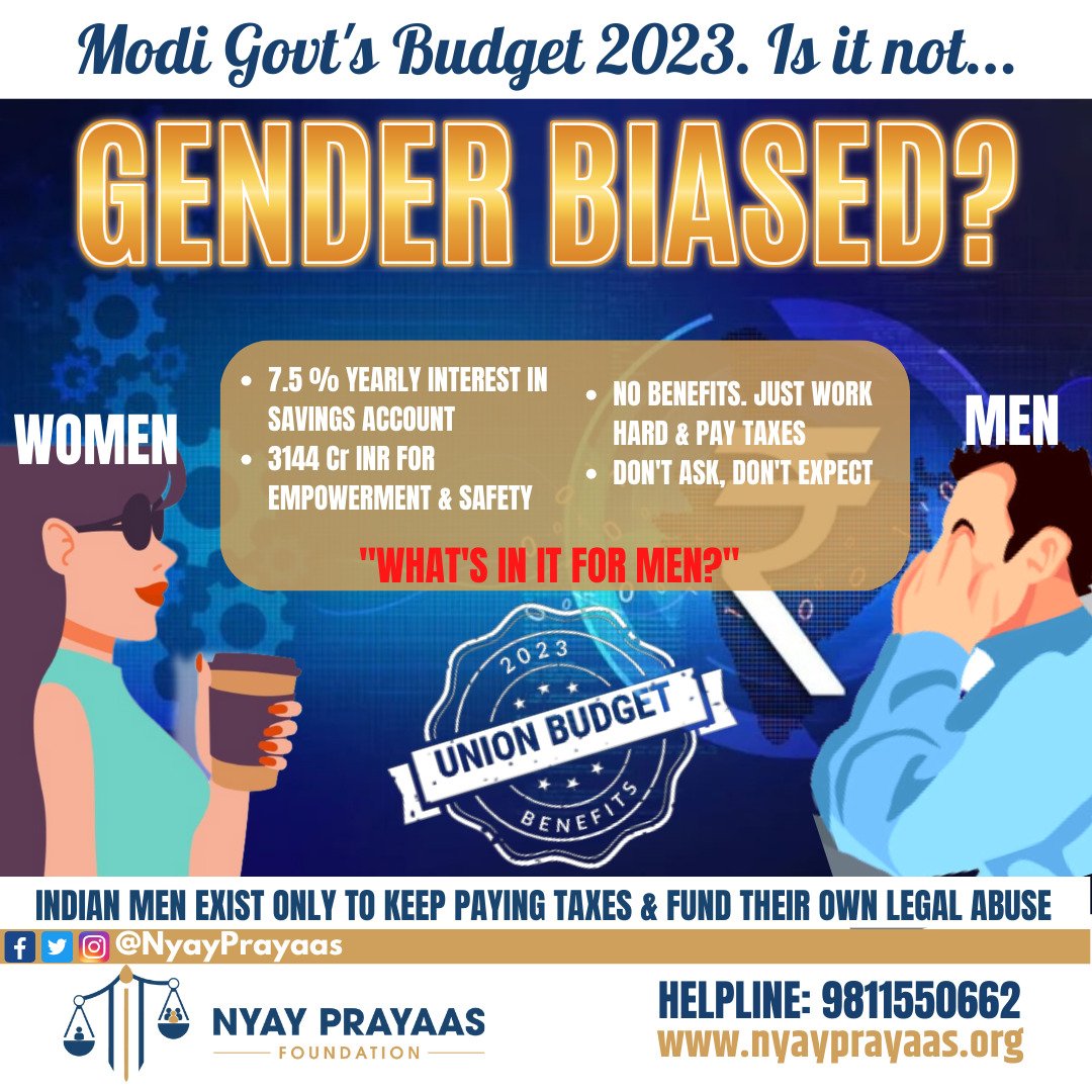 #Modi Govt #Budget2023 

Is it not #GenderBiased?
All the things only for the #Woman 
Nothing for the most #TaxPayer i.e. Man 
Where is #Equality now?
Can Now #Feminist Lobbies speak?
The man is really a #2ndClassCitizens in India.