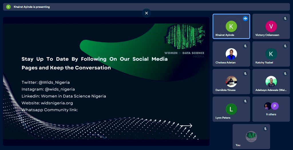 Live from the Women in Data Science, Nigeria (#WiDSNG) Datathon Workshop.

Register now to secure your spot:
forms.gle/B8VV1mkoExvYea…

#WiDS
#WiDSDatathon 
#WidsAfrica
#WidsWorkshop
#WiDSNG