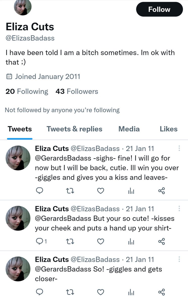 suzibasterd's tweet image. Eliza Bleu has said she just joined Twitter in 2019 but here is her acct from 2011 where she begs Gerard Way for attention...and receives none.
This may be the saddest account I've ever seen. 🤣
#ElizaBleuFiles 
#elizalies