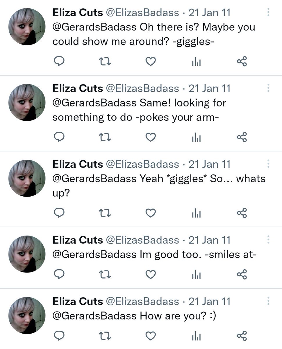 suzibasterd's tweet image. Eliza Bleu has said she just joined Twitter in 2019 but here is her acct from 2011 where she begs Gerard Way for attention...and receives none.
This may be the saddest account I've ever seen. 🤣
#ElizaBleuFiles 
#elizalies