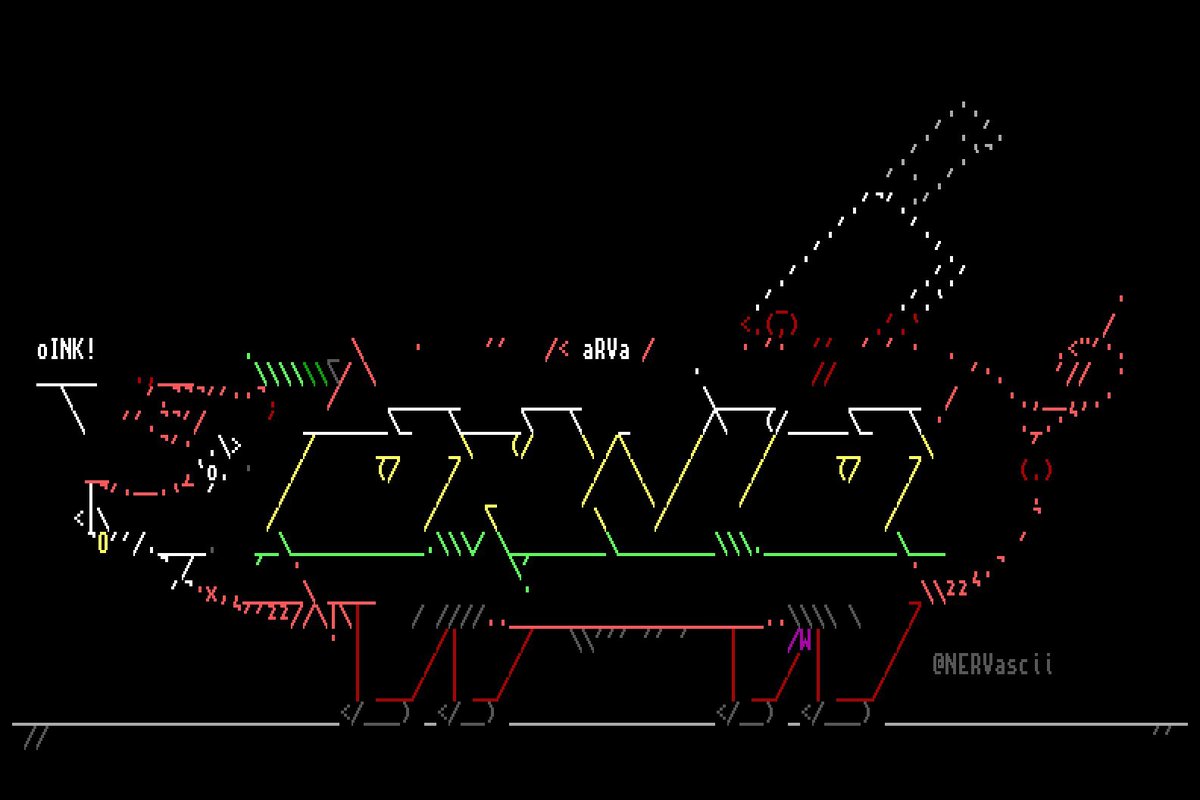 NERVascii's tweet image. ARVA #amiga #ascii #logo, embedded inside a pinkky –or a slightly punky piggy.
Commissioned to be printed on a t-shirt as a gift (2022).

#asciiart #ansi #demoscene #textmode #textart #typeart #8bit #typography #lettering #logotype #digitalgraffiti #graffiti #retro #oldschool