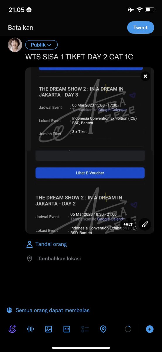 ljnzee's tweet photo. WTS want to sell tiket THE DREAM SHOW TDS in Jakarta Cat 1 D day 2 (1 tiket)

Price offer on DM #highprice 

All proof available. 

#THEDREAMSHOW2_in_JKT #TDS2inJAKARTA #tds2 #1d #cat1d https://t.co/XXL6Ju1SUr