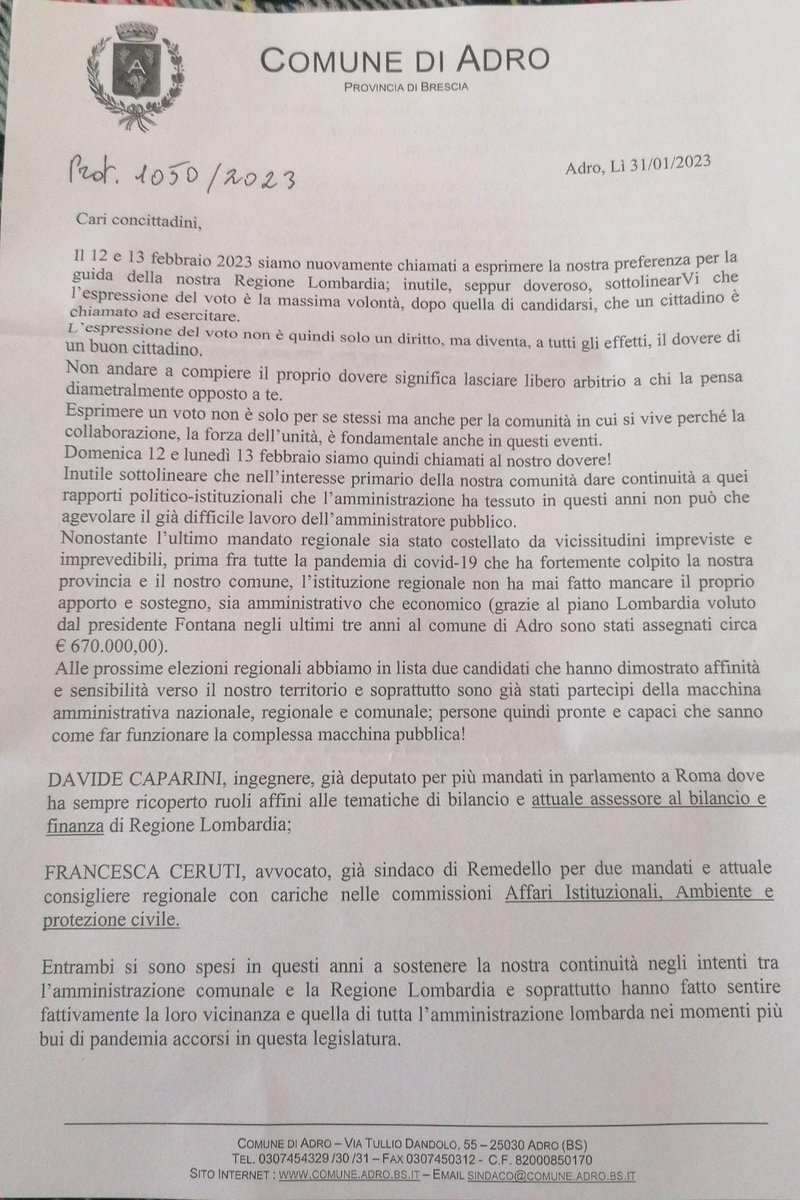 alfredobazoli's tweet image. Niente, oramai si è perso ogni pudore. Il sindaco di #Adro (Bs) manda una lettera con tanto di protocollo per invitare a votare #Lega,con tanto di indicazione delle preferenze. Le istituzioni della repubblica calpestate. Ministro #Piantedosi nulla da dire?