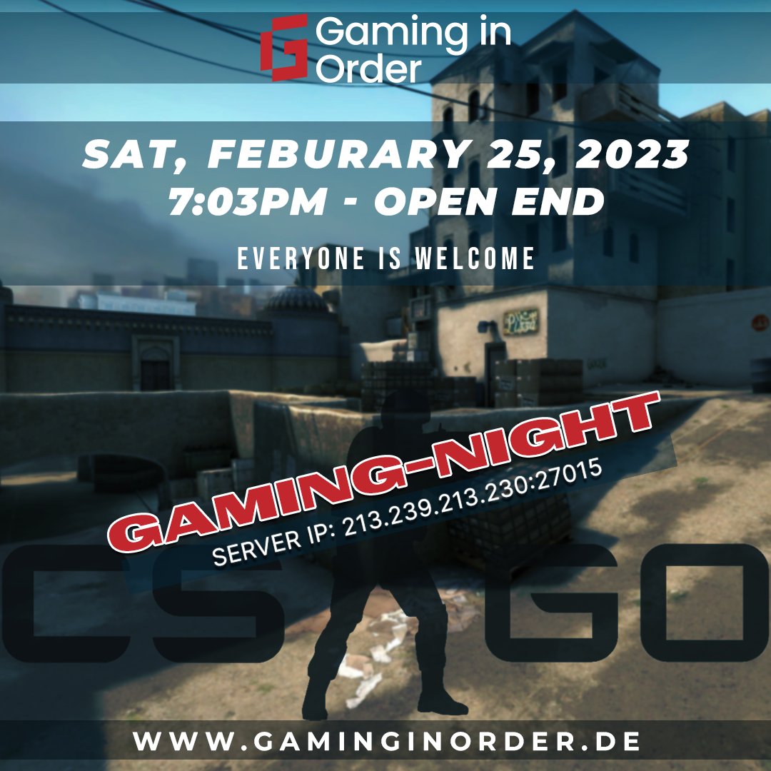 Save the Date:
⏰25.02.2023 ab 19:03 Uhr

Nach einem unterhaltsamen Gaming-Abend im Januar mit #FallGuys geht's im Februar in die zweite Runde. Diesmal #CSGO auf unserem Vereinsserver.

Infos im Sharepic und auf gaminginorder.de/termine/

#gaming #leverkusen