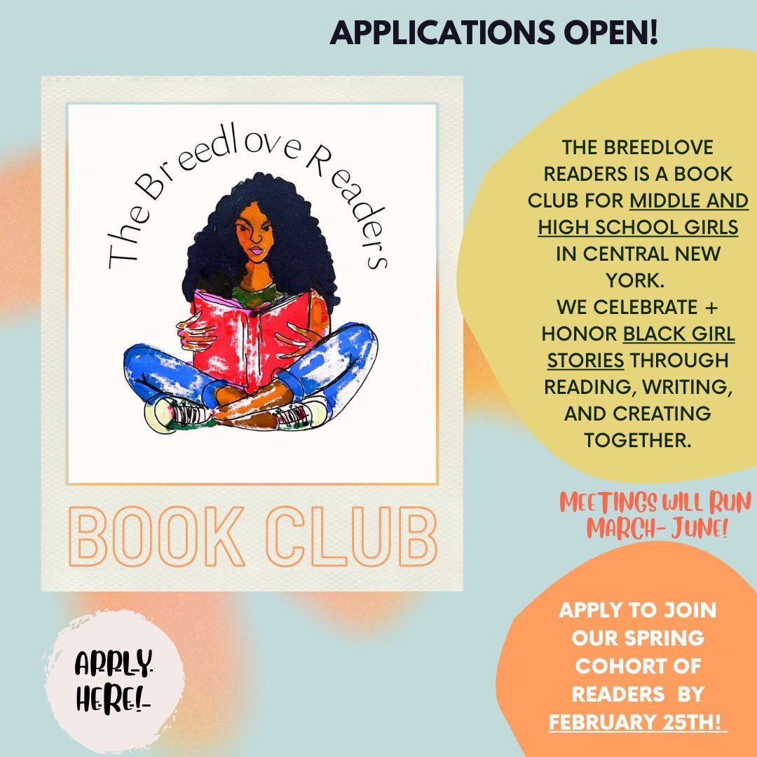 Thrilled to share that our Spring applications are now open for The Breedlove Readers. 

Ages 14-17. Book club meetings are held in person in Syracuse, NY. 

Application + Details: bit.ly/3HqWyJy

#YAbookclub #Syracuse #CNYreads
