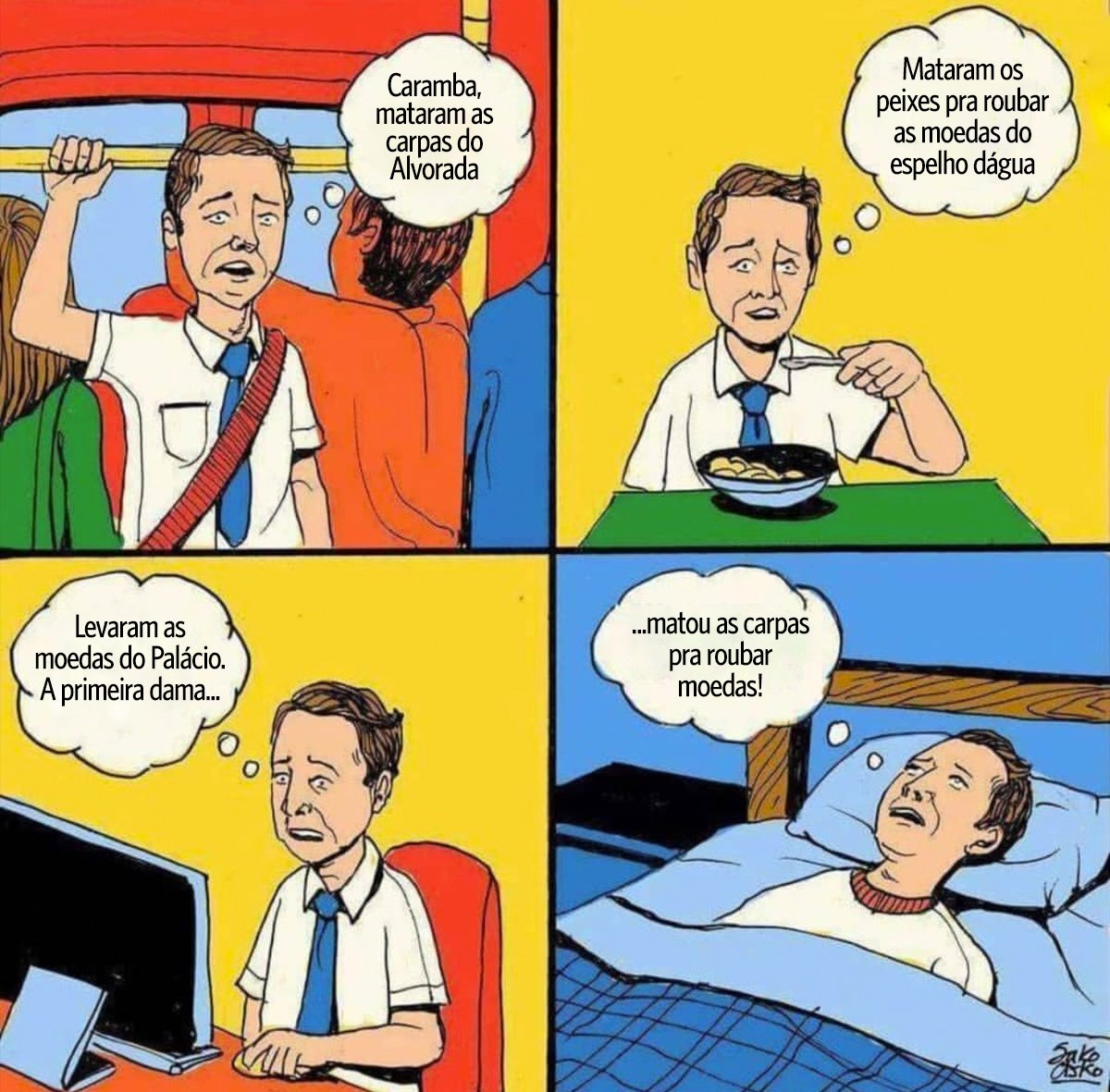 tesoureiros's tweet photo. Matar as carpas pra roubar umas moedas é, talvez, a representação mais fiel e literal do que foi o Bolsonarismo nos últimos 4 anos. https://t.co/CjvNWMo1BS