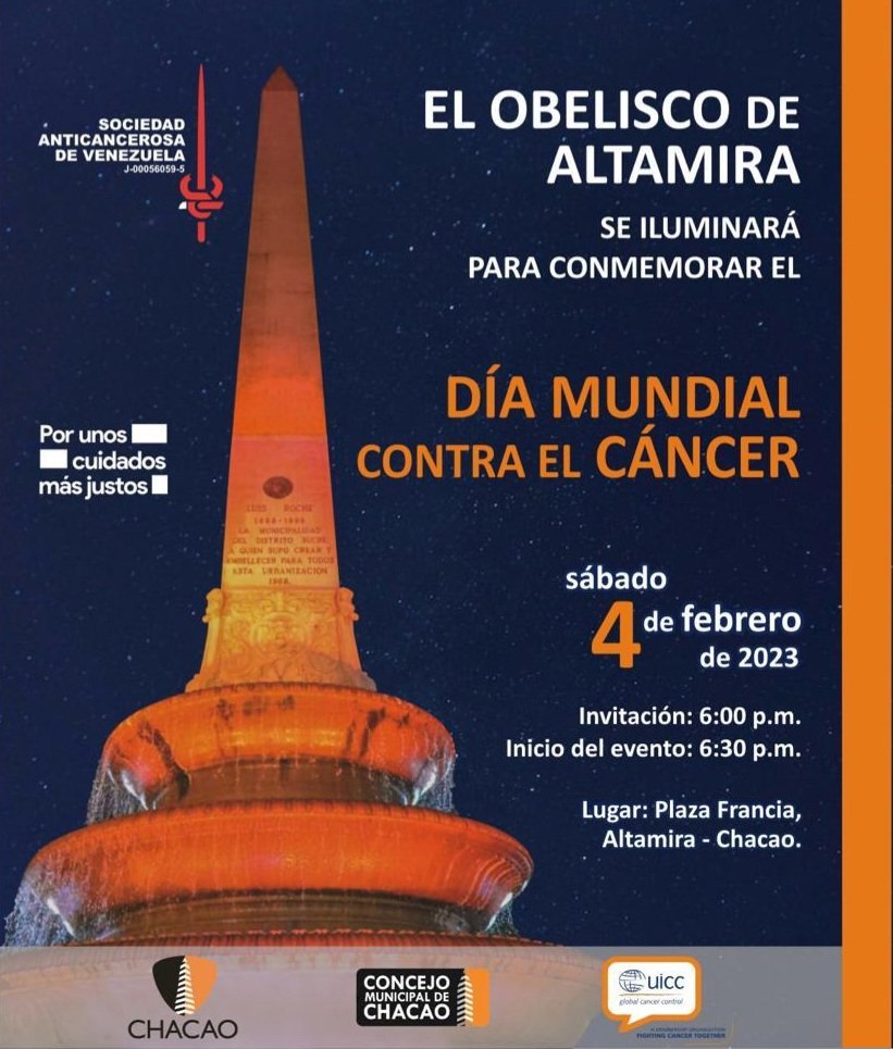 La <a href="/SAnticancerosa/">SAV</a> y la Alcaldía de Chacao <a href="/Chacao/">Alcaldía de Chacao</a> invitan a la iluminación del Obelisco de Altamira para conmemorar el #DiaMundialContraElCancer, hoy sábado 4 de febrero a las 6:00 pm en la Plaza Francia de Altamira. No dejes de asistir.