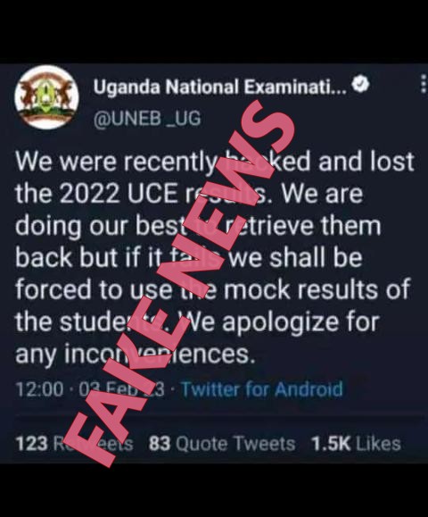UNEB_UG's tweet photo. . @Blessedjkm1  Please disregard news making rounds on social media, indicating that the  UNEB 'system" was recently hacked into, and that the 2022 UCE  results were 'lost". The  information  is fake and baseless. 
1/2 https://t.co/kQ7TY6oTVb