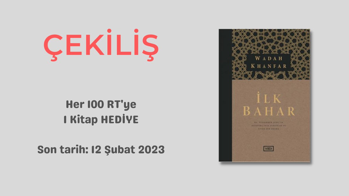 Wadah Khanfar'ın kaleme aldığı ve çıktığı günden bu yana okurlarımızın büyük beğenisini kazanan İlk Bahar kitabımızı HEDİYE ediyoruz.

Ama öyle 2-3 tane değil, adedi RT sayısı belirlesin. 😊

Her 100 RT'ye 1 adet hediye ediyoruz.

E haydi o zaman, başlayalım!

Son: 12 Şubat 2023