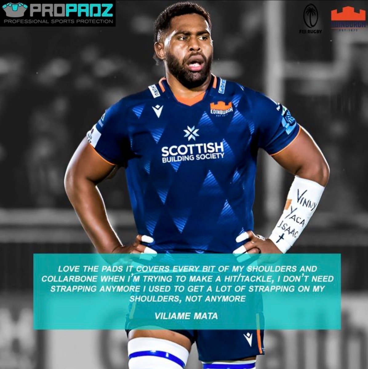 Next up in our pro reviews is <a href="/VSevakadrau/">Bill Mata</a>
Bill started using the pads in in 2022.

“Love the pads, it covers every bit of my shoulder and collarbone when I’m making a tackle/hit. I don’t need strapping anymore, I used to get a lot of strapping on my shoulders. Not anymore’