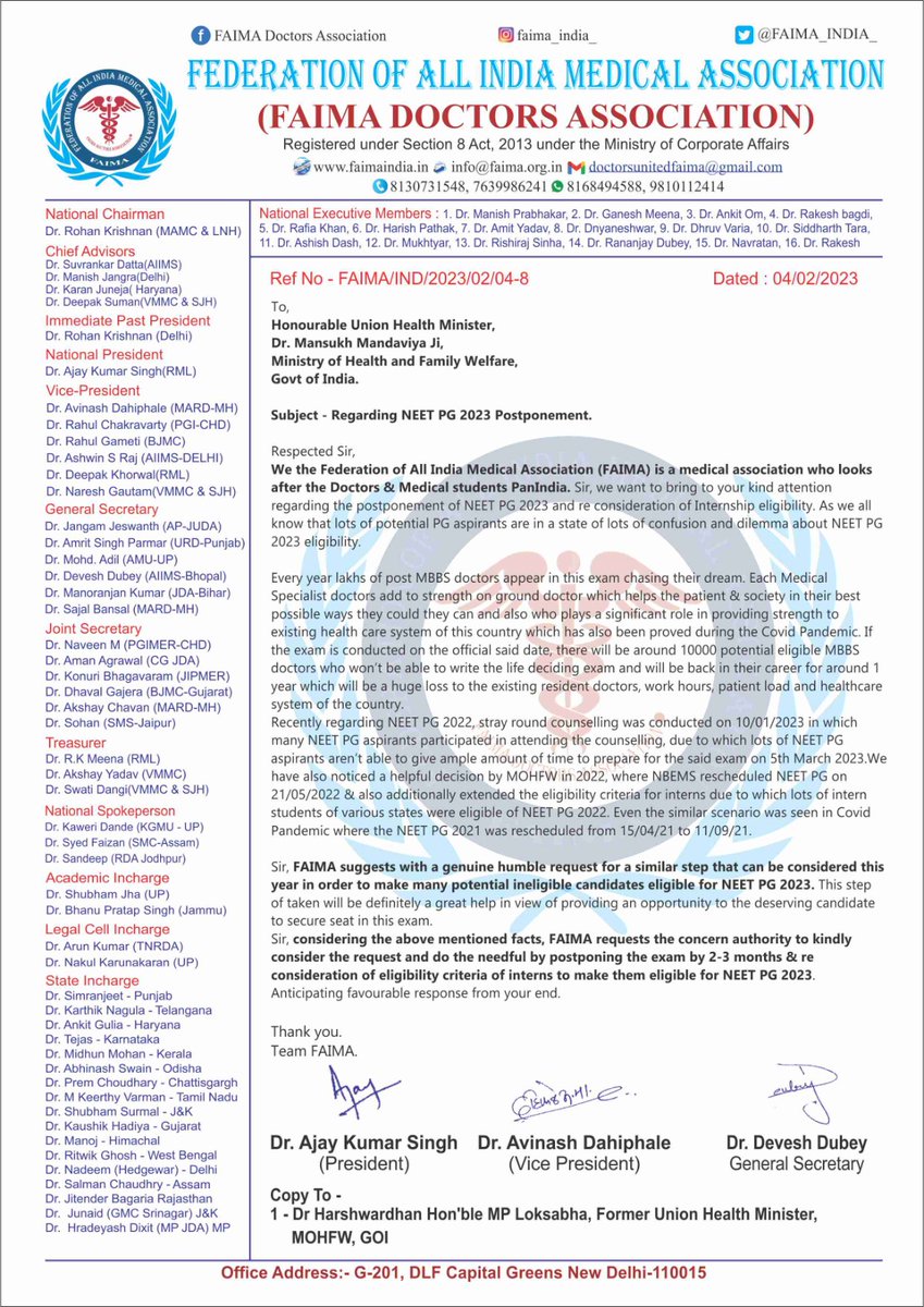We have sent copy of this letter to <a href="/drharshvardhan/">Dr Harsh Vardhan</a> Ji Former Health Minister <a href="/MoHFW_INDIA/">Ministry of Health</a> ! 

Sir has assured to help us as much he can! 

#PostponeNEETPG2023