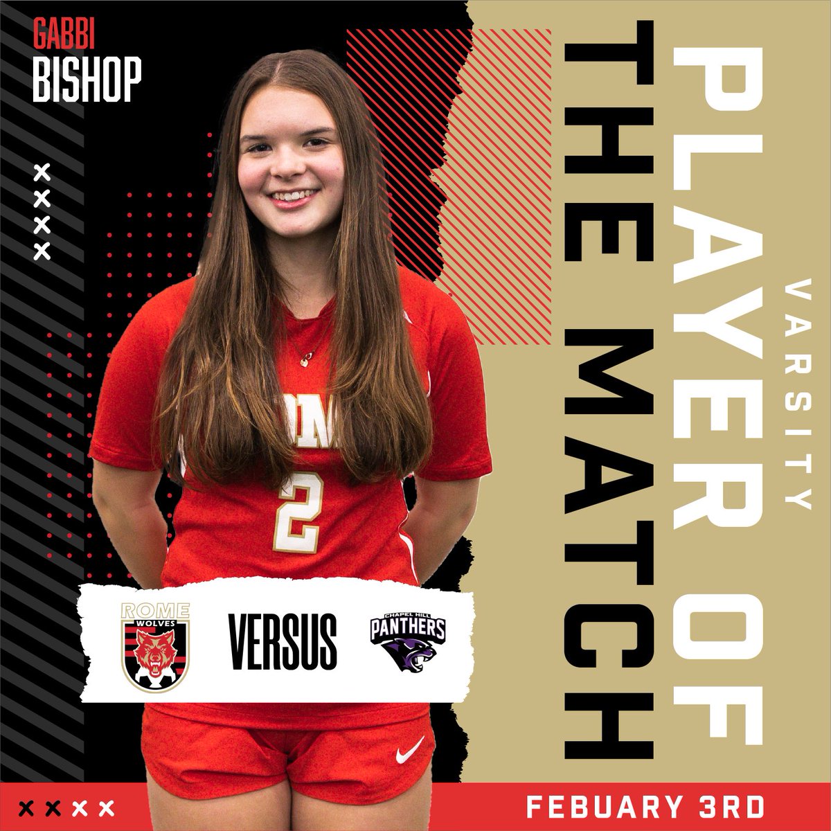 PLAYER OF THE MATCH

Gabbi Bishop

The Player of the Match was Gabbi Bishop. Gabbi played tremendous in the  back settling the defense in a 4-1 win for the Lady Wolves. 

Let’s Go Lady Wolves! 🔴⚫️🐺

#romewolves #likeawolf #romehs #ladywolves #romega #girlssoccer #hssoccer #lglw