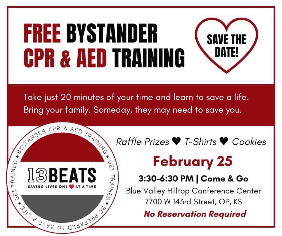 TeamUpWithBC20's tweet photo. February is #HeartMonth! ❤️ Local folks, please save the date 2/25 to join us with our friends @13beatskc for free Bystander CPR &amp; AED Training! Just 20 minutes to learn how you can save a life - see details below! 😍

#StrikingOutSCA #BC20 #13BEATS #CPRSavesLives #AED #1in100 https://t.co/u4QIDcAtuU
