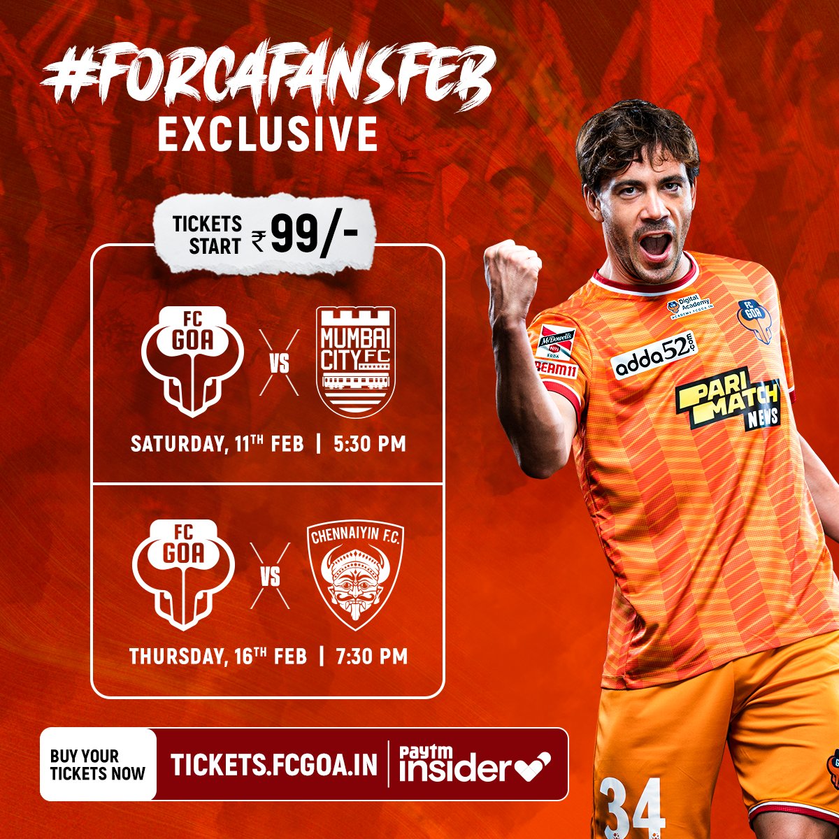 FCGoaOfficial's tweet photo. A special offer for our special fans 🚨

To celebrate #ForcaFansFeb and your relentless support, we’ve introduced exclusive prices for our final 2 home games 🧡

Buy your tickets now 👉🏻 https://t.co/lF9HmZKcXq 

#ForcaGoa #UzzoOnceAgain https://t.co/PneVyyAXBQ