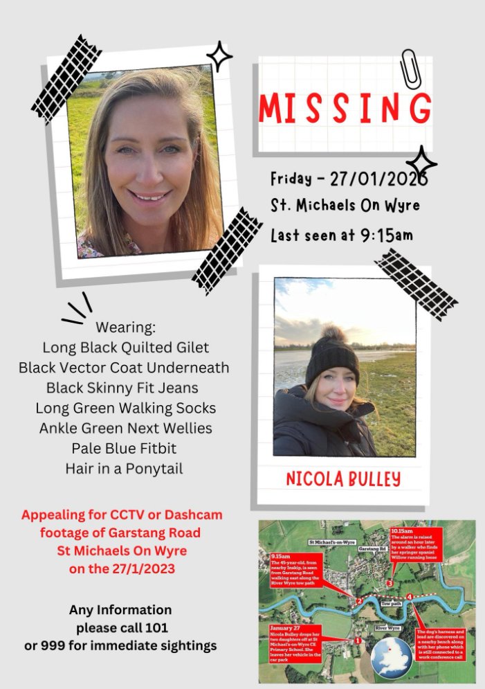 Scenes from nearby St Michaels today - TV crews and billboards as the search for #NicolaBulley continues. This flyer was posted by her sister today, please share.
