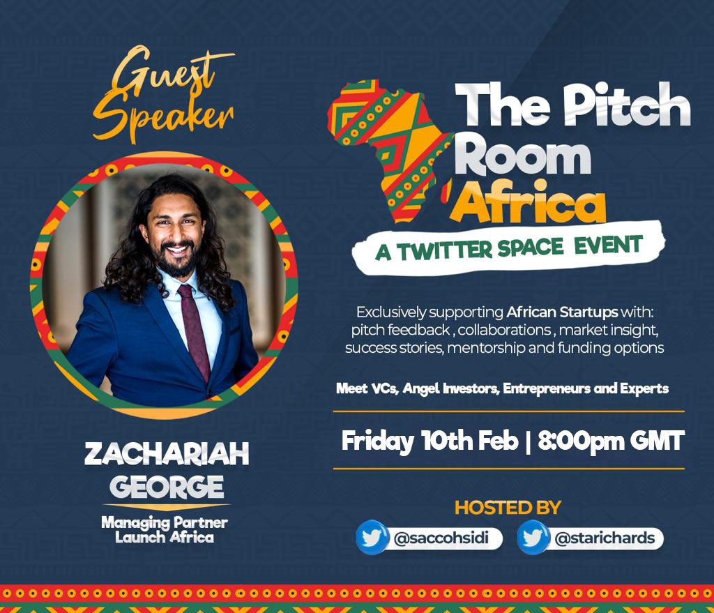 Sidi Saccoh (@saccohsidi) on Twitter photo #ThePitchRoomAfrica returns Friday 10th Feb, 2023, 8:00 PM GMT with <a href="/zach_cpt/">Zachariah George</a>. Zach is widely recognized as one of Africa’s most prominent Angel investors, with investments in Flutterwave, Marketforce etc. He is Managing Partner <a href="/LaunchAfricaVC/">Launch Africa Ventures</a>
RT
x.com/i/spaces/1ypJd… #ThePitchRoomAfrica returns Friday 10th Feb, 2023, 8:00 PM GMT with <a href="/zach_cpt/">Zachariah George</a>. Zach is widely recognized as one of Africa’s most prominent Angel investors, with investments in Flutterwave, Marketforce etc. He is Managing Partner <a href="/LaunchAfricaVC/">Launch Africa Ventures</a>
RT
x.com/i/spaces/1ypJd…